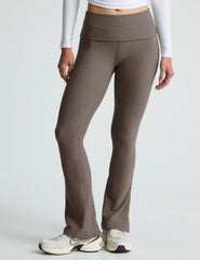 brown bootcut pants with a foldover waistband.