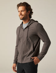brown men's zip-up jacket with a hood and pockets.