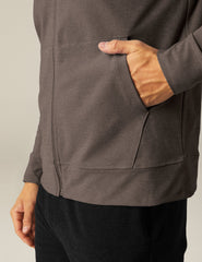 brown men's zip-up jacket with a hood and pockets.