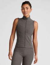 grey zip-up vest with mesh detail on upper back and pockets.