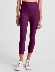 purple high-waisted capri length leggings.
