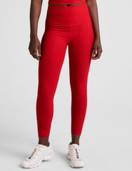red high-waisted capri length leggings.