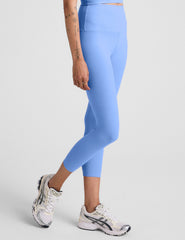 blue high-waisted capri length leggings.