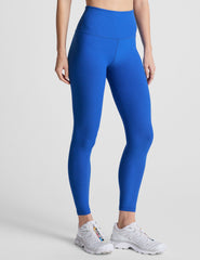 blue high-waisted midi length leggings with a 24" inseam and 5" rise waistband.