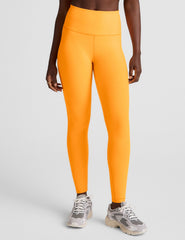 orange high-waisted midi length leggings.