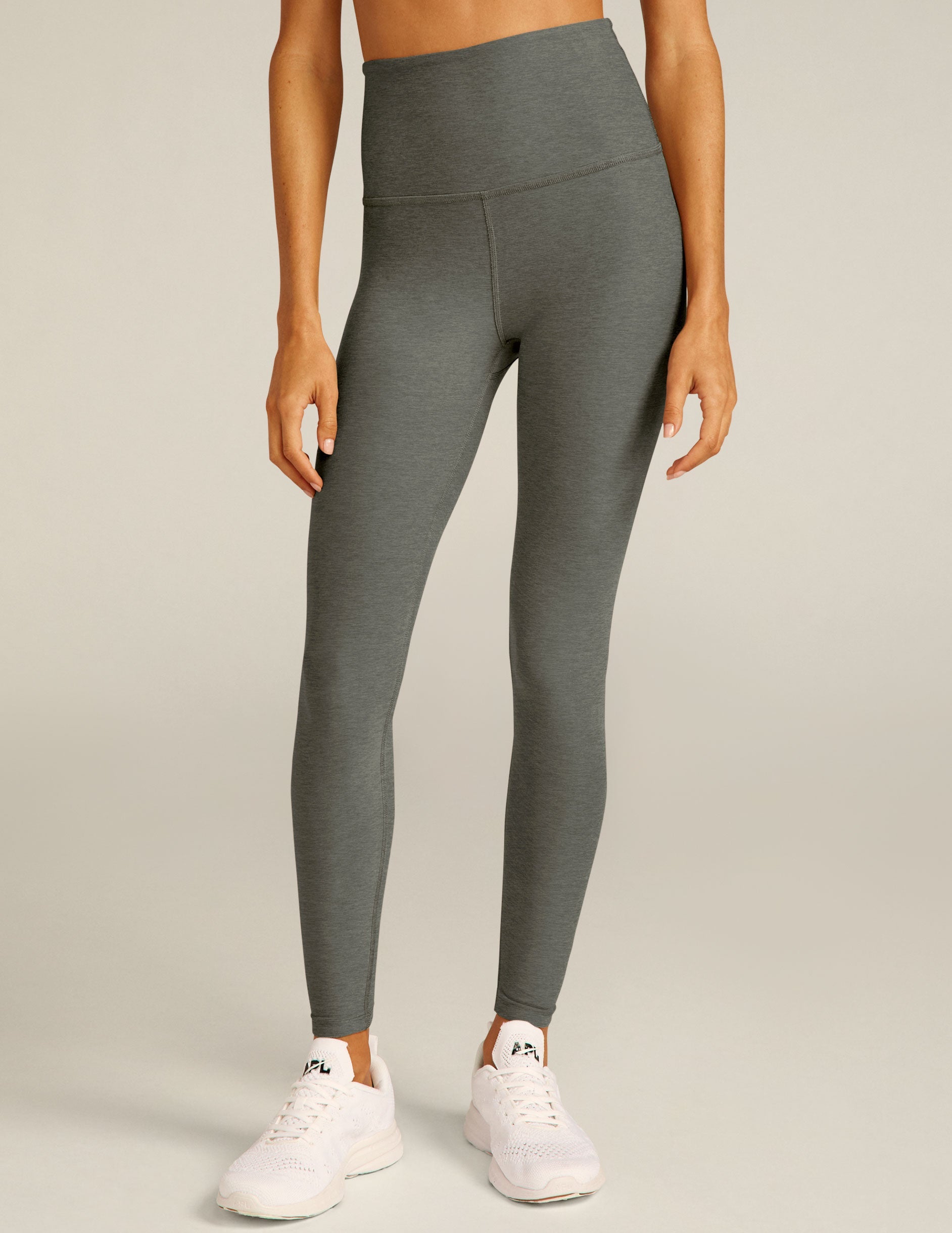 gray high-waisted midi leggings.