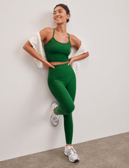 green high-waisted midi length leggings with a 24" inseam and 5" rise waistband.