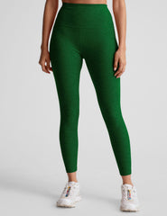 green high-waisted midi length leggings with a 24" inseam and 5" rise waistband.