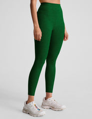 green high-waisted midi length leggings with a 24" inseam and 5" rise waistband.