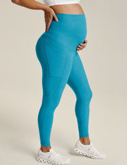 blue spacedye midi maternity pocket leggings.