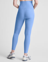 blue maternity midi length leggings with pockets.