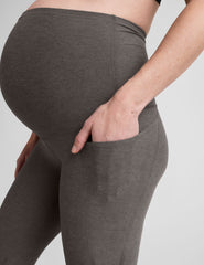 grey midi length maternity leggings with side pockets.