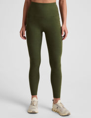 green high-waisted midi length leggings with side pockets on a plain background.