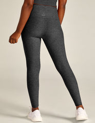 black-charcoal high-waisted midi legging with a crossover detail on the front waistband.