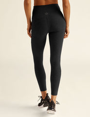 black high-waisted leggings with side pockets. midi length, stops right above ankle.