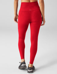 red high-waisted midi leggings with a drawstring at waistband.