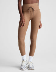 brown high-waisted midi leggings with a drawstring at waistband.