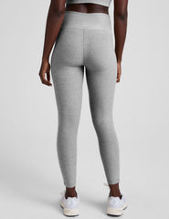 grey high-waisted midi length leggings with white piping details on sides.
