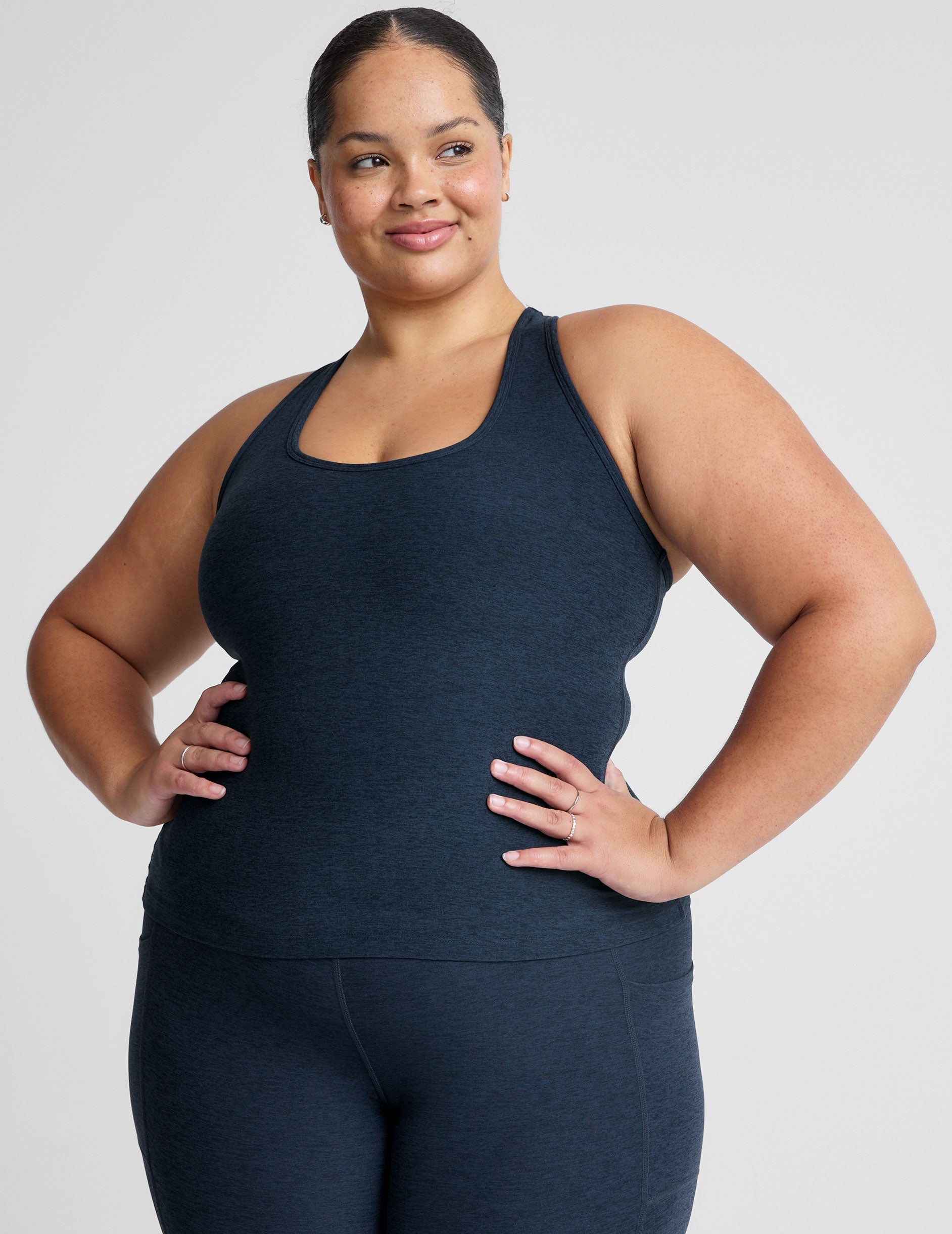 plus size navy tank paired with navy high waisted legging