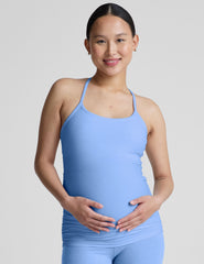 blue racerback maternity tank top with slim straps.