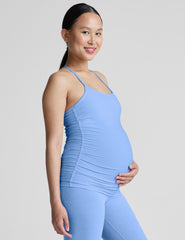 blue racerback maternity tank top with slim straps.