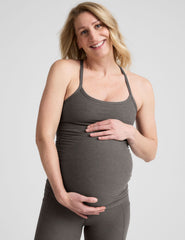 grey racerback maternity tank with slim straps.