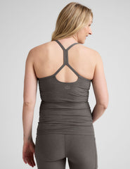 grey racerback maternity tank with slim straps.
