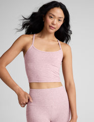 pink racerback cropped tank top with slim straps.