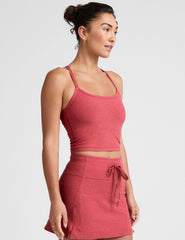 red racerback cropped tank with slim straps.