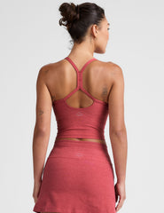 red racerback cropped tank with slim straps.