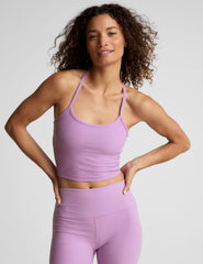 purple racerback cropped tank with spaghetti straps.
