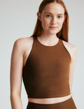 brown high-neck racerback cropped tank top.