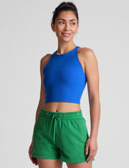 blue high-neck racerback cropped length tank top.