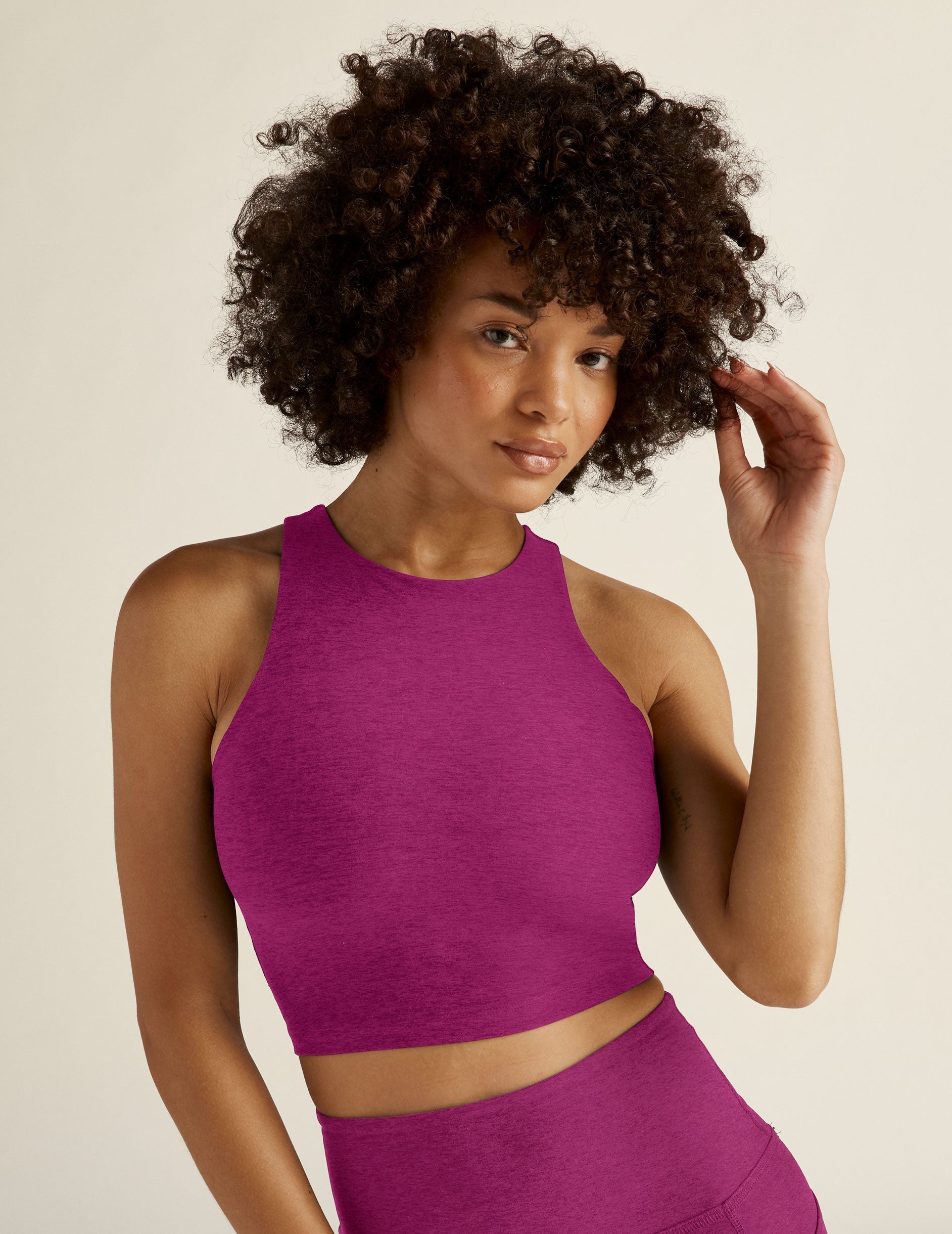 purple high scoop neckline crop tank