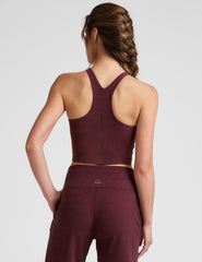 red high-neck racerback cropped tank top.