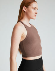 brown high-neck racerback cropped tank top.