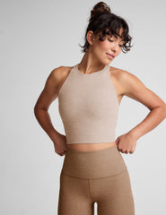 brown high-neck racerback cropped tank top.