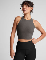 gray cropped tank top with a high scoop neckline.