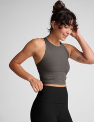 gray cropped tank top with a high scoop neckline.
