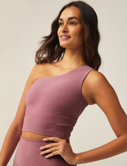 purple spacedye cropped one-shoulder tank top.