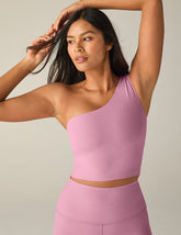 pink one-shoulder cropped tank top.