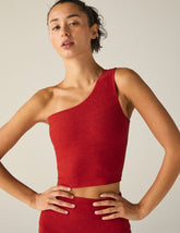 red one-shoulder cropped tank top with a cutout on back strap.