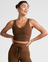 brown cropped tank top with a front and back v neckline.