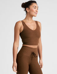 brown cropped tank top with a front and back v neckline.