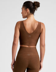 brown cropped tank top with a front and back v neckline.