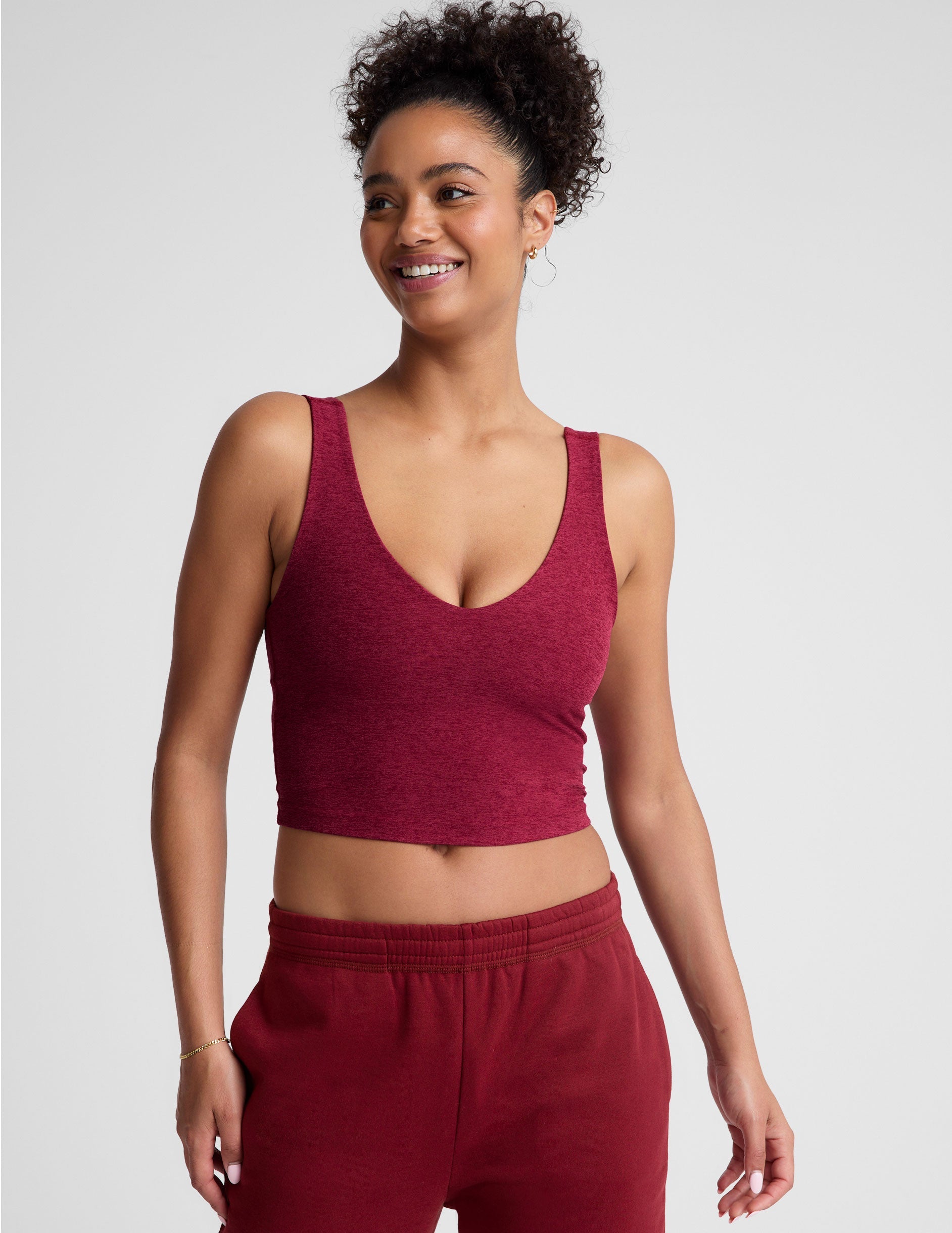 red v-neck cropped tank top.
