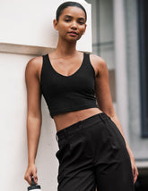 black v-neck cropped tank top.