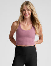 pink v-neck cropped tank top with a high racerback.