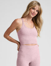 pink v-neck cropped tank top with a high racerback.