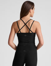 black waist length, V neckline tank top with a self shelf bra and criss-cross strap back detail.